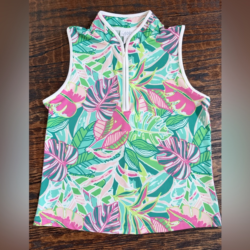 Sigrid Olsen Pink & Mint Tank Top with Pink & Green Leaf Print-size Medium